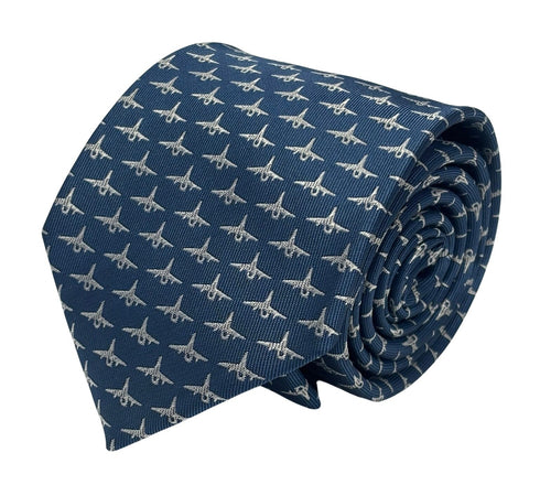medium denim blue tie with fighter aeroplane design